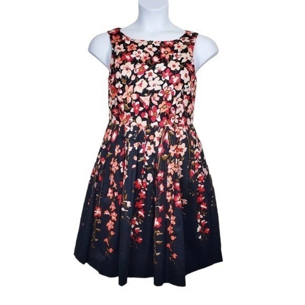 Talbots Womens Sleeveless Black Pink Floral Print Fit & Flare Dress Size 8P NWT